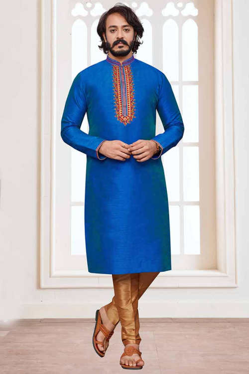 Traditional Blue Art Silk Men Kurta Pajama 