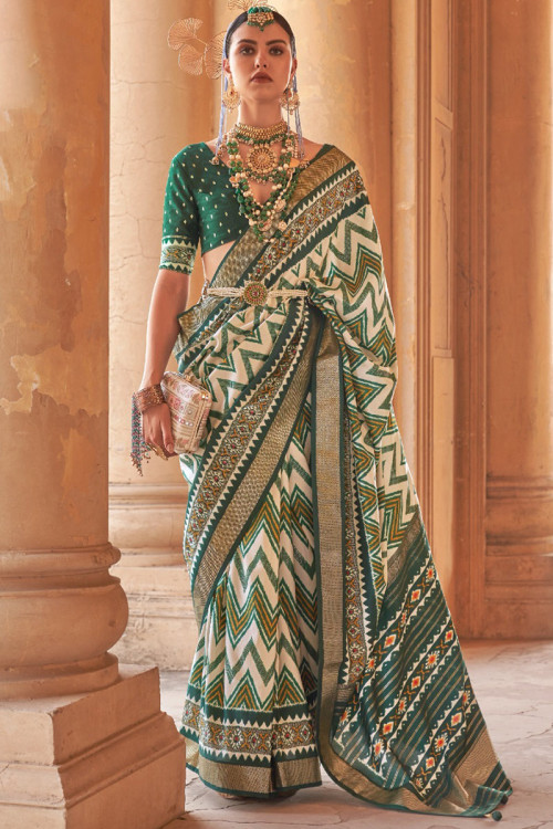 Traditional Cream And Green Patola Printed Silk Saree 