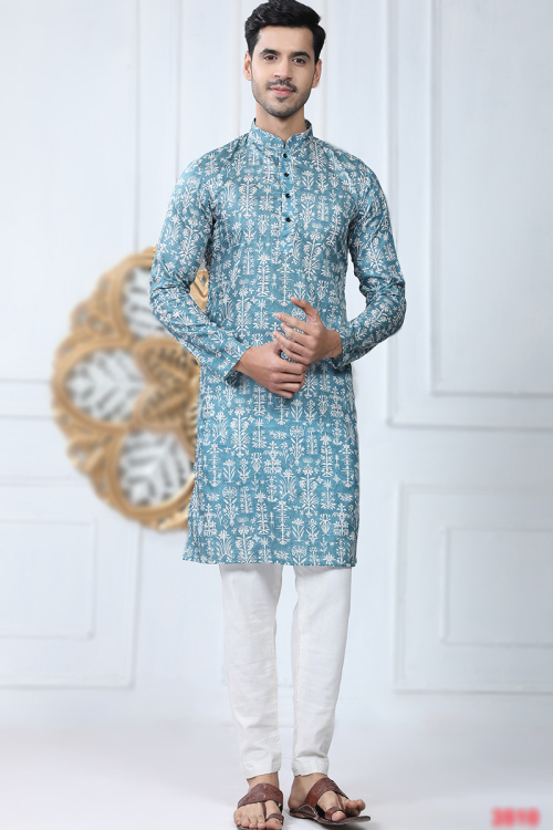 Traditional Dusty Blue Cotton Printed Straight Cut Men's Kurta 