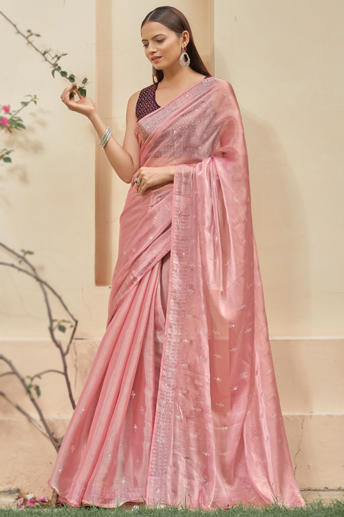 Traditional Dusty Pink Shimmer Chiffon Saree 