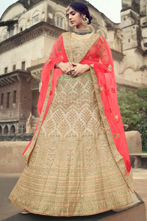 Traditional Embroidered Satin Cream Beige Lehenga