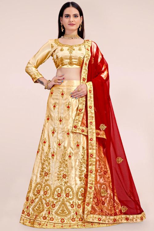 Traditional Embroidered Satin Cream Lehenga 