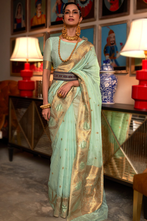 Traditional Kora Silk Saree In Mint Green With Woven Zari