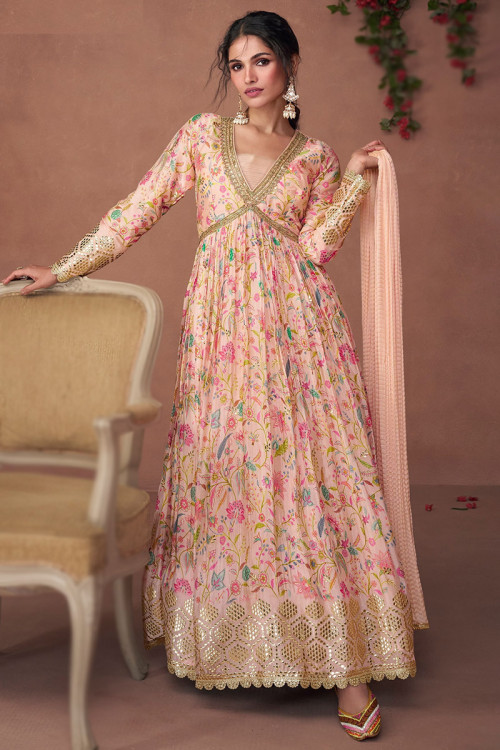 Traditional Light Pink Printed Chinnon Anarkali Suit For Eid 