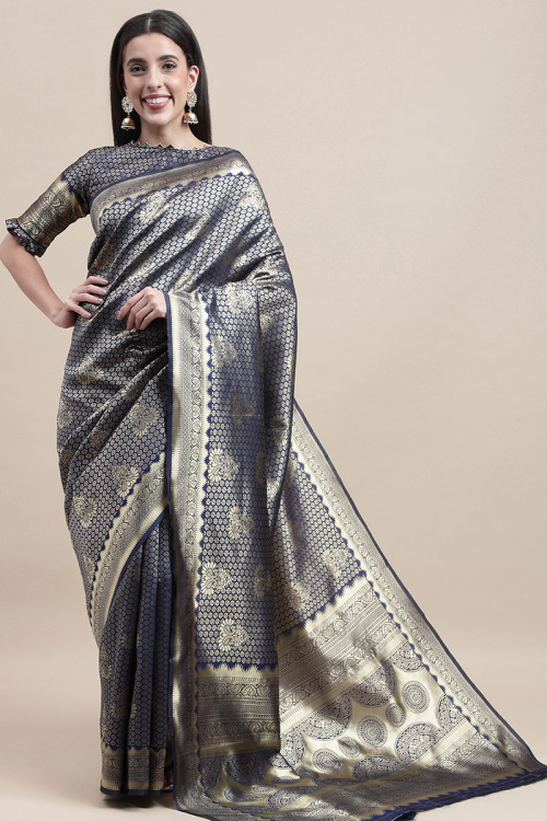 Traditional Navy Blue Weaved Zari Silk Broad Border Saree 