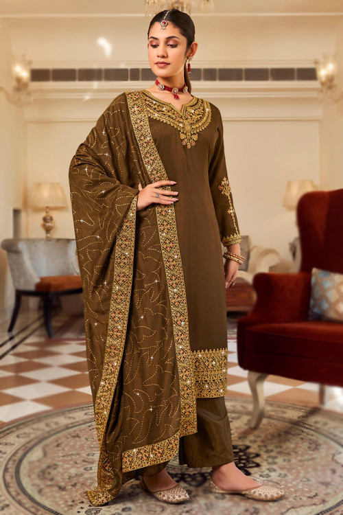 Traditional Olive Brown Embroidered Art Silk Trouser Suit 