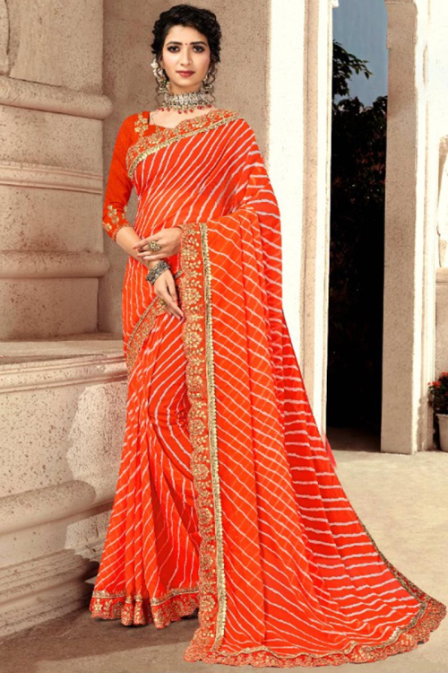 Traditional Party Wear Georgette Printed Saree In Orange