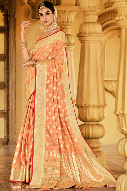 Traditional Peach Cotton Woven Zari Saree