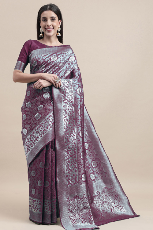 Traditional Plum Purple Weaved Zari Lightweight Silk Saree 