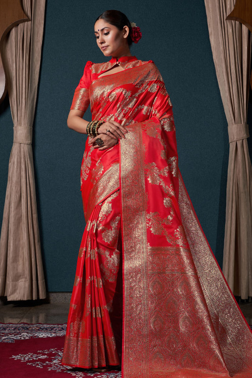 Traditional Red Banarasi Silk Weaved Zari Handloom Saree