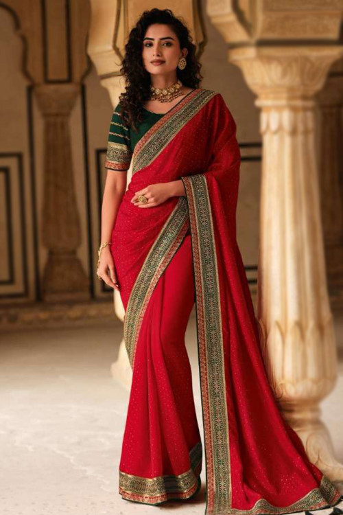 Chilli red colour wedding saree store