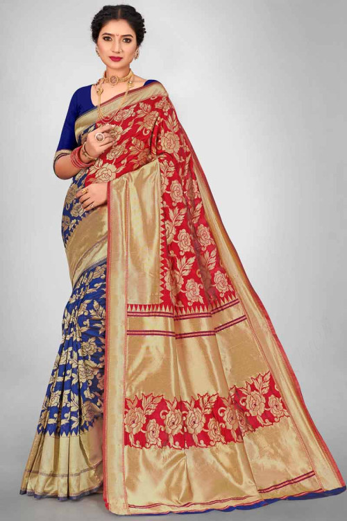 Traditional Royal Blue And Red Jacquard Saree