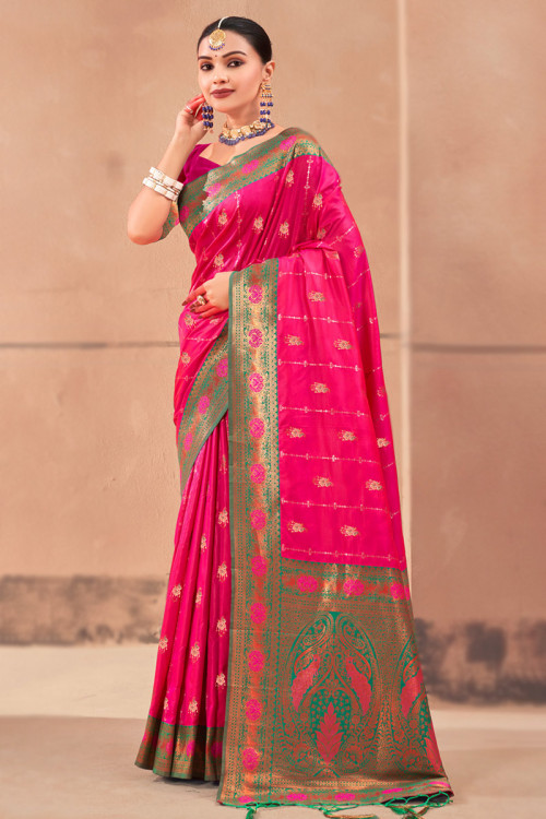 Traditional Ruby Pink Weaved Banarasi Silk Saree 