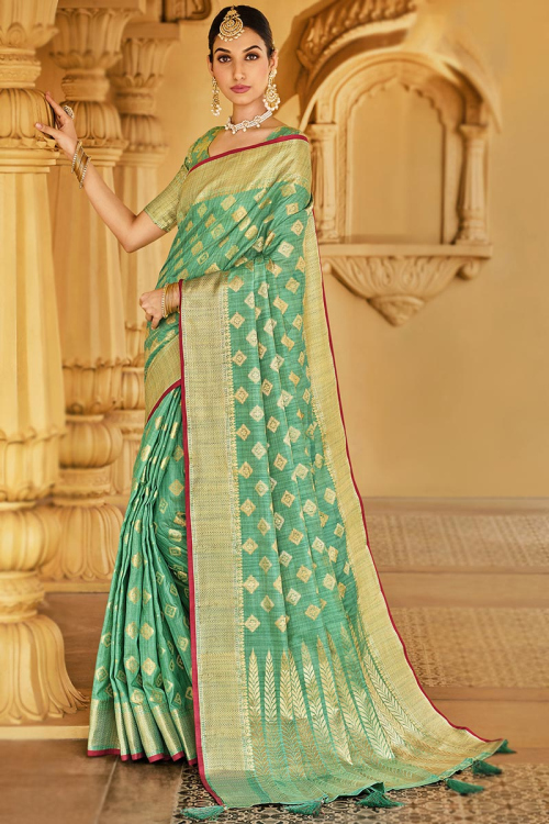 Traditional Seafoam Green Cotton Woven Zari Saree