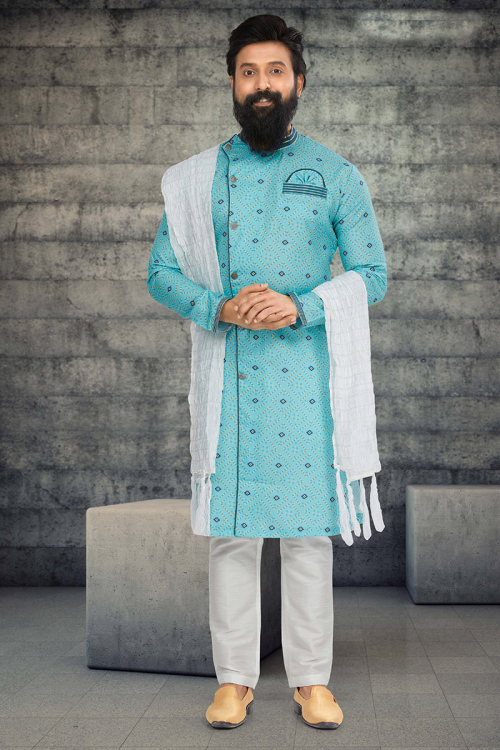 Traditional Sky Blue Bandhej Print Cotton Silk Men's Sherwani