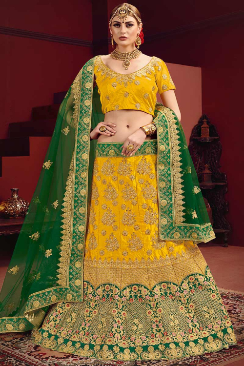 Traditional Stone Work Satin Mustard Yellow Embroidered Lehenga