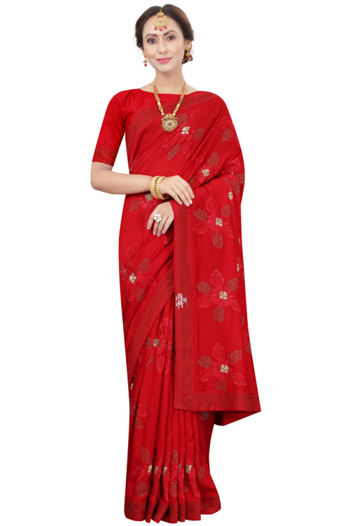 Traditional Wear Red Silk Embroidered Saree