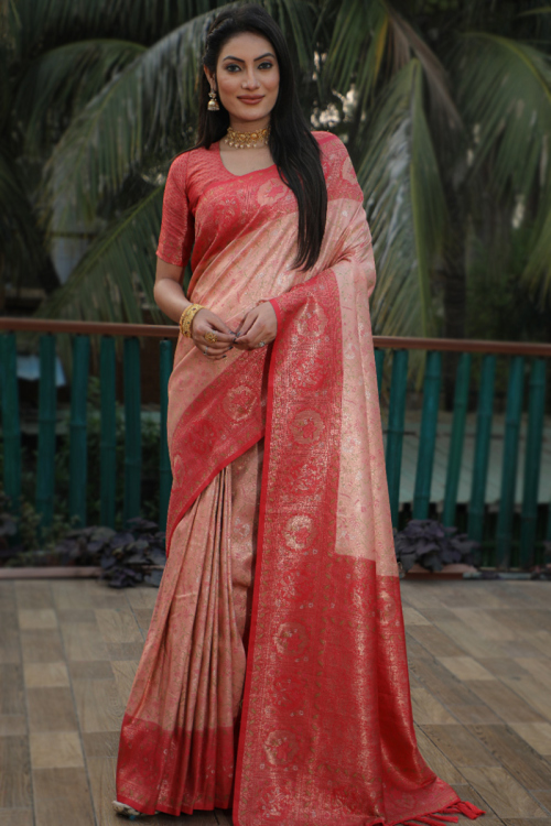 Traditional Weaved Salmon Peach Broad Border Silk Saree
