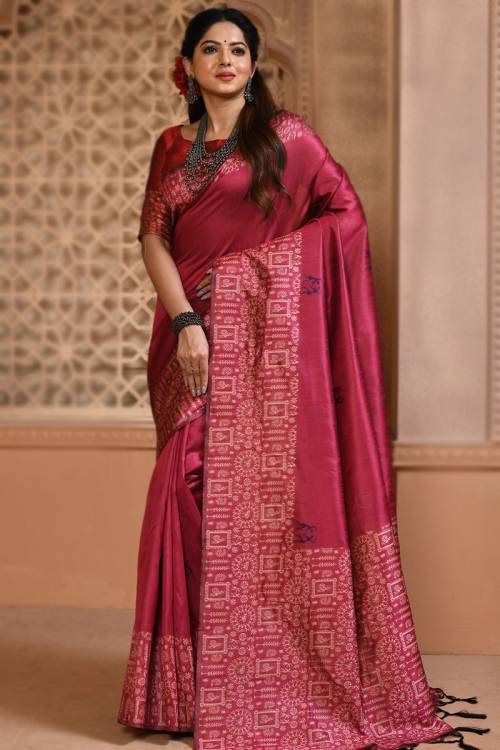 Traditional Wine Maroon Weaved Thread Silk Saree 