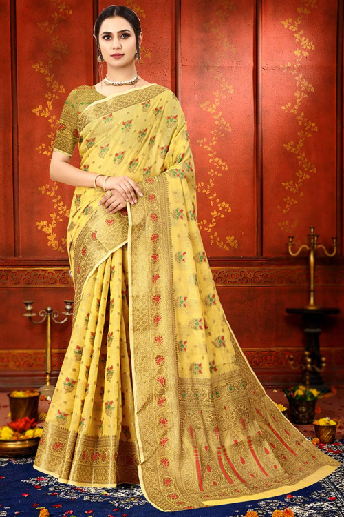 Traditional Woven Zari Cotton Silk Light Yellow Saree