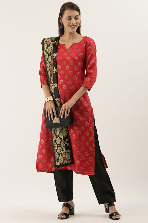Traditional Woven Zari Jacquard Red Trouser Suit