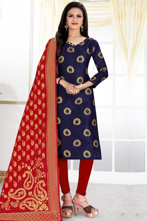 Tradtional Navy Blue Brocade Churidar Suit