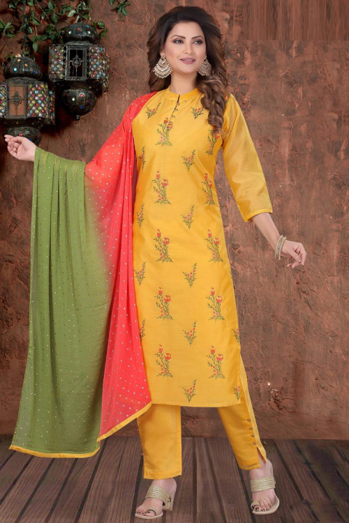 Traiditional Yellow Chanderi Trouser Suit