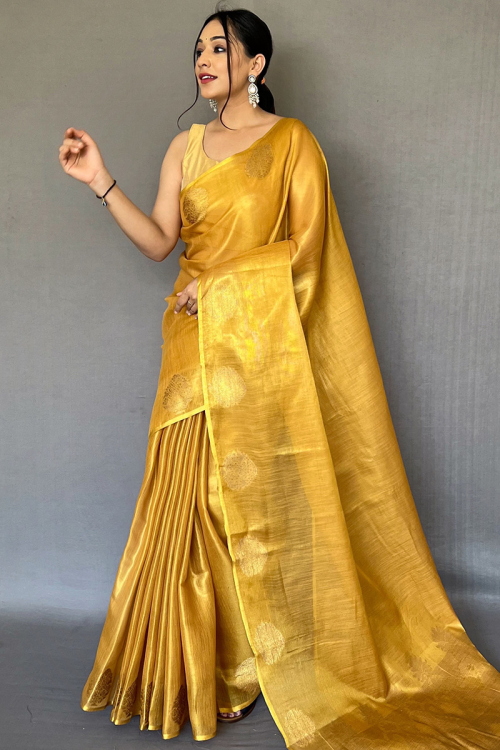 Trending Tissue Silk Mustard Yellow Woven Zari Saree 