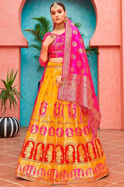 Yellow Banarasi Silk Wedding Wear Lehenga