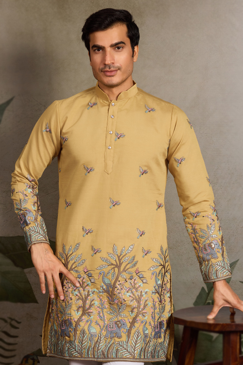 Trombone Yellow Art Silk Men's Kurta With Sequins Work For Festival