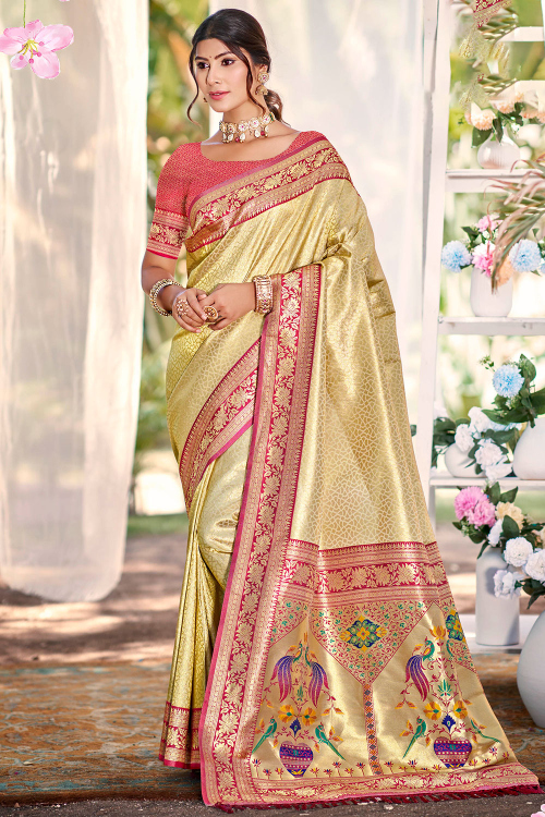 Trombone Yellow Art Silk Saree With Weaved Work For Festival