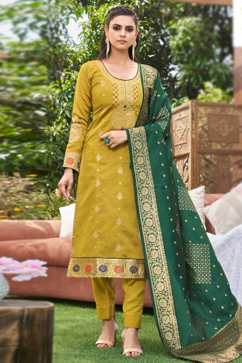 Trombone Yellow Banarasi Silk Woven Zari Trouser Suit