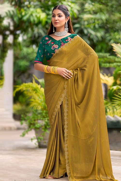 Trombone Yellow Chiffon Saree With Stone Work For Festival