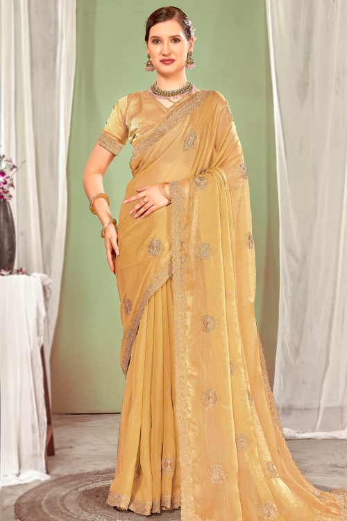 Trombone Yellow Chiffon Shimmer Saree With Zari Work For Festival