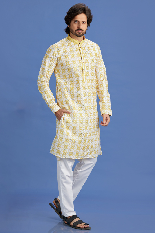 Trombone Yellow Cotton Printed Men's Kurta Pajama For Haldi