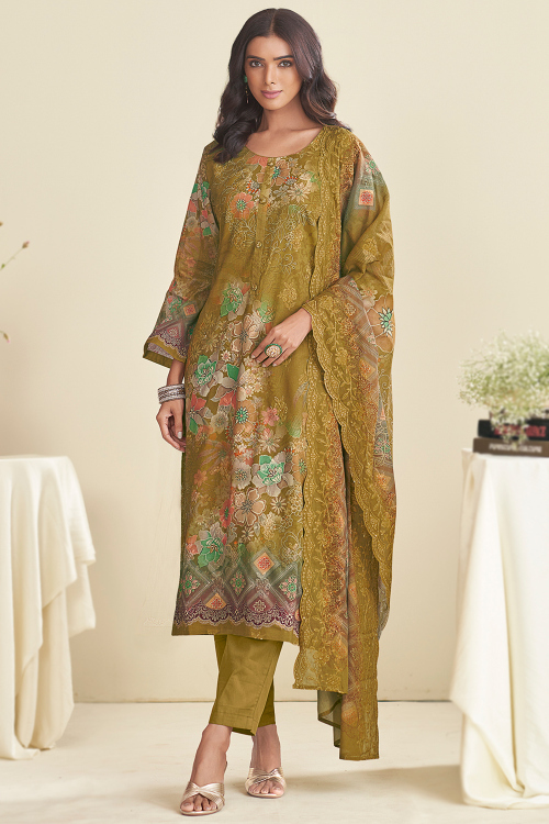 Trombone Yellow Cotton Trouser Suit With Printed Work For Festival