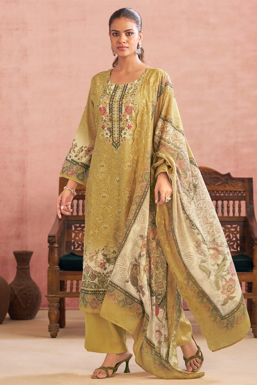 Trombone Yellow Cotton Trouser Suit With Printed Work