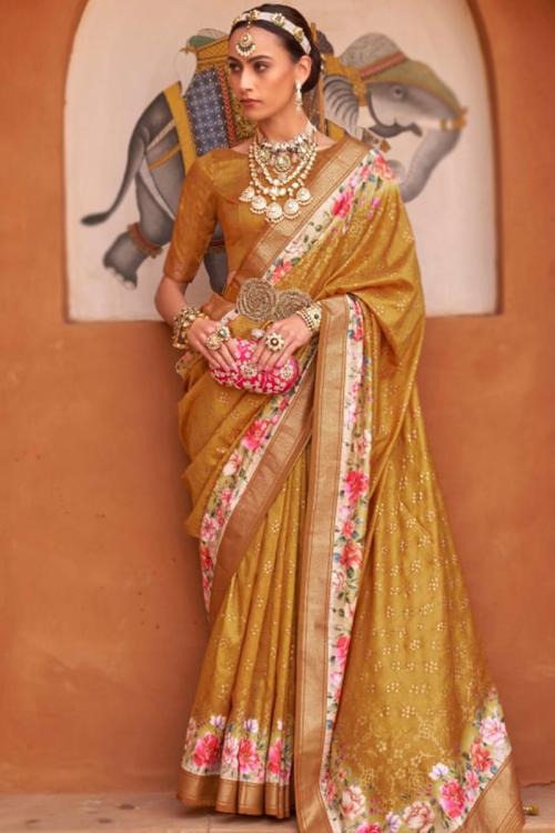 Trombone Yellow Floral Print Casual Wear Silk Saree