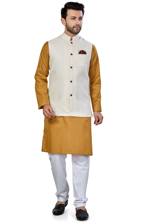 Trombone Yellow Linen Churidar Men Kurta 