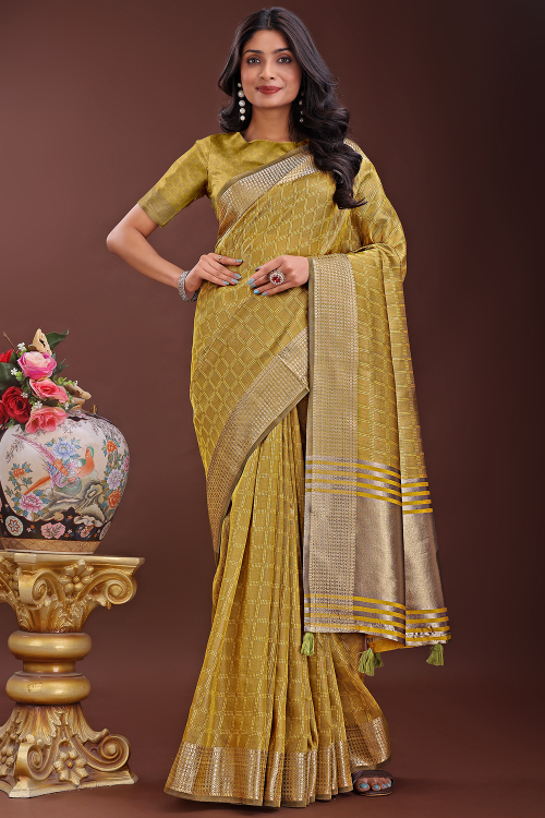 Trombone Yellow Organza Silk Saree With Weaved Work For Diwali