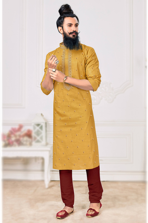 Trombone Yellow Poly Cotton Embroidered Men's Kurta Churidar