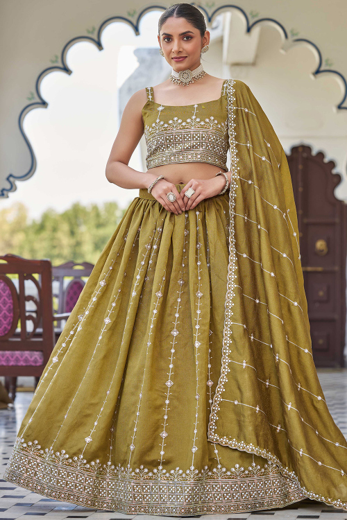 Trombone Yellow Silk Blend Lehenga With Zari Work For Diwali
