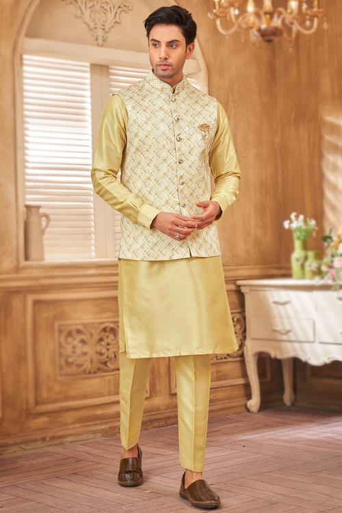 Trombone Yellow Silk Men's Kurta Pajama With Printed Jacket