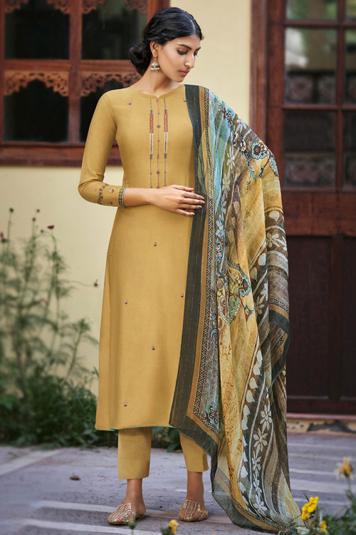 Trombone Yellow Silk Thread Embroidered Trouser Suit