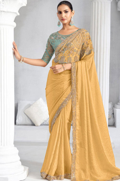 Trombone Yellow Tissue Resham Thread Embroidered Saree 