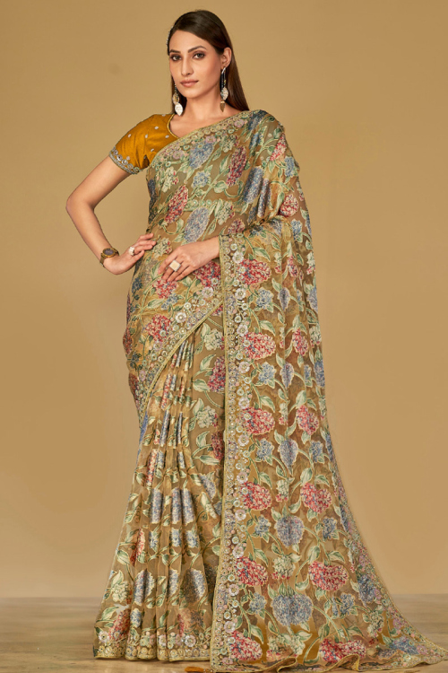 Trombone Yellow Weaved Thread Brasso Saree For Haldi 