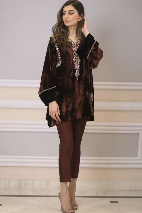 Dark Coffee Color Velvet Embroidered Straight Pant Suit