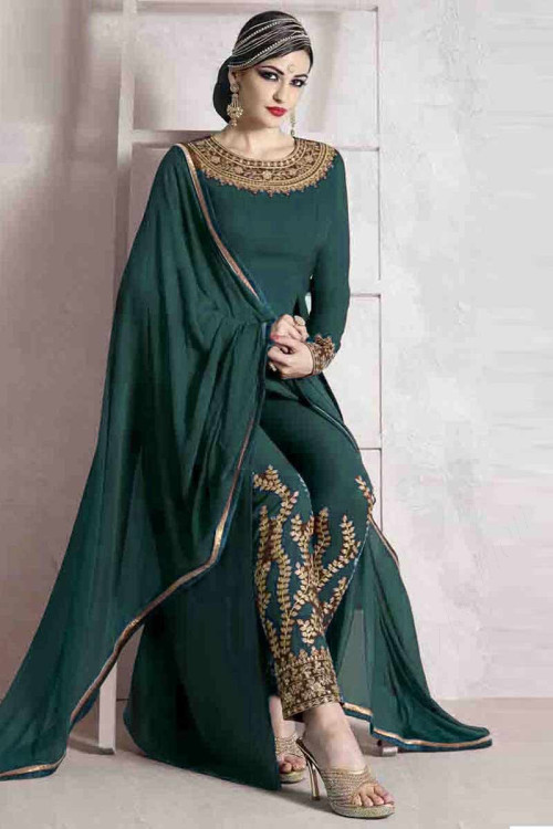 Green Georgette Trouser Suit With Dupatta