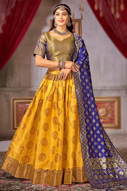 Turmeric Yellow Art Silk Zari Weaved Flared Style Lehenga