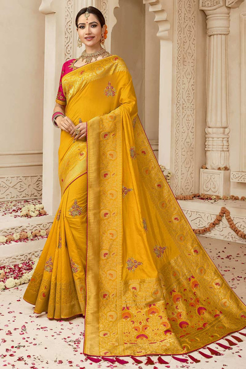 Buy Turmeric Yellow Bhagalpuri Silk Saree With Banglori Silk Blouse ...
